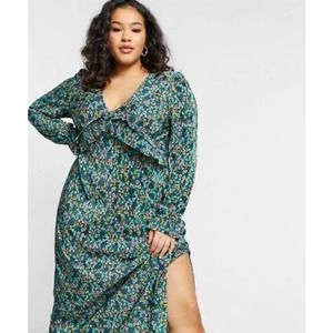 ASOS Design Curve Womens Midi Plisse Dress Size 14 Green Blue Floral Ditsy Print
